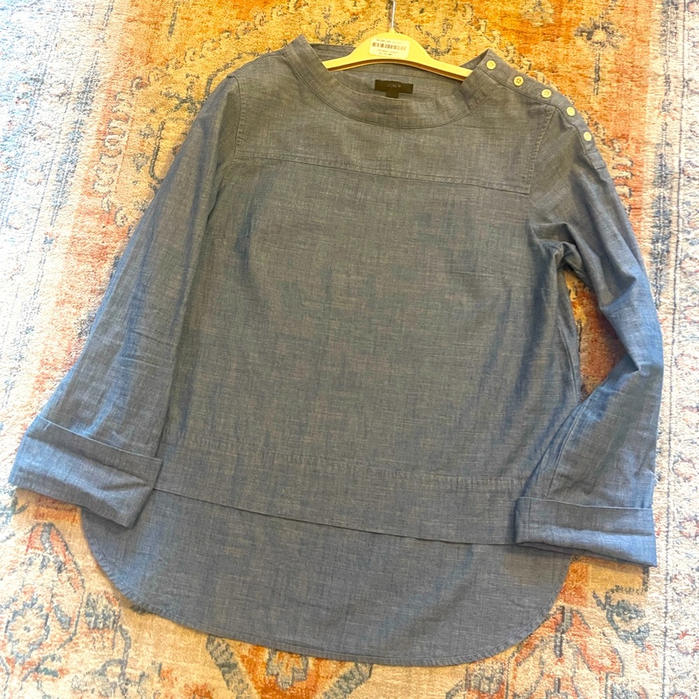 J Crew Hi Lo Chambray Blue tunnel neck Button-Detail Women's Top